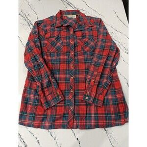 LL Bean Shirt Women Large Red Green Plaid Flannel Band Collar Cabincore Outdoor